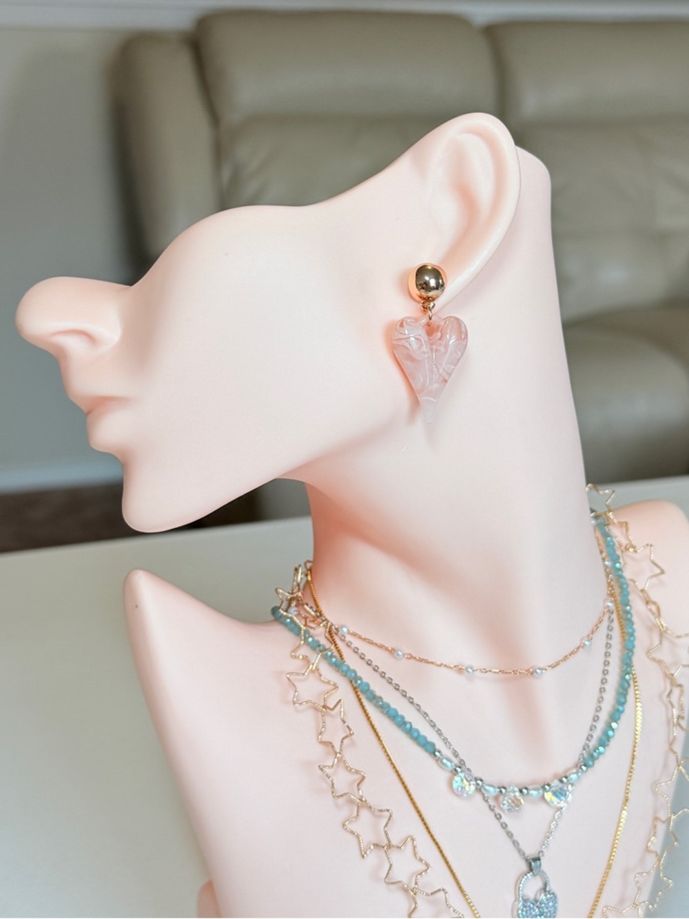 Gold and Pink Heart Drop Earrings